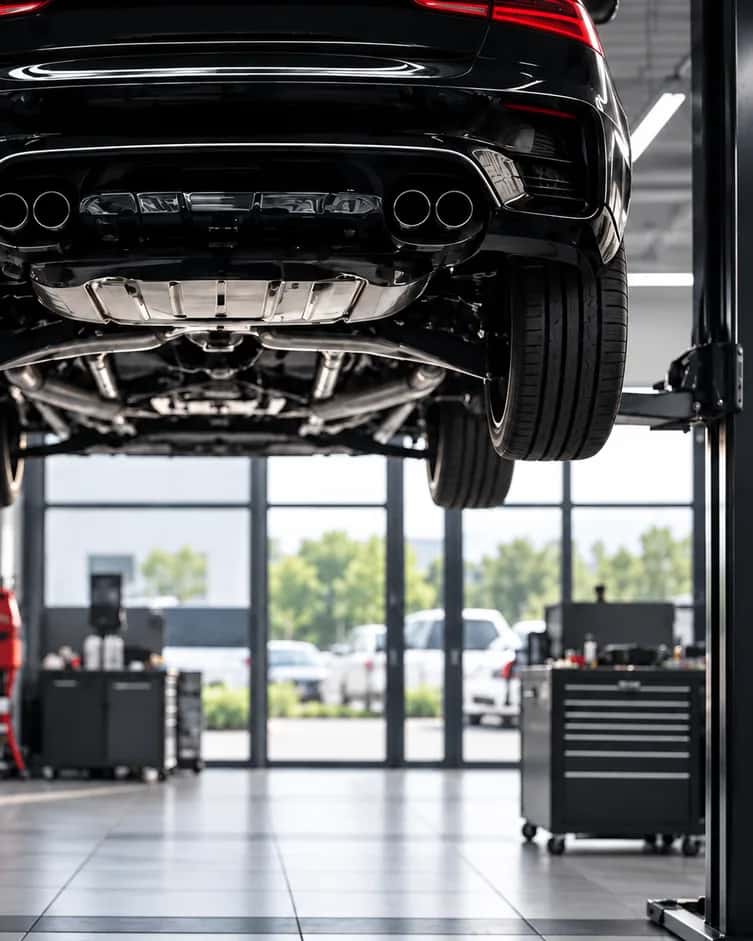 Dunkles Fahrzeug auf der Hebebühne einer hellen Werkstatt
