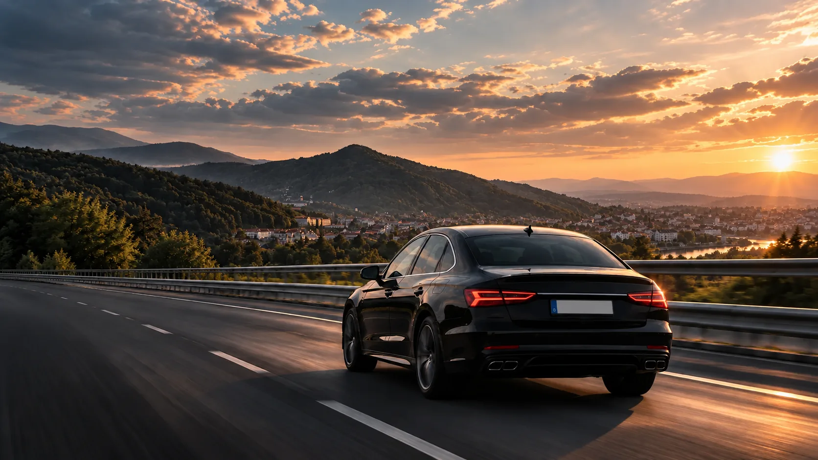 Dunkle Limousine auf der Autobahn, dahinter Berge und die untergehende Sonne