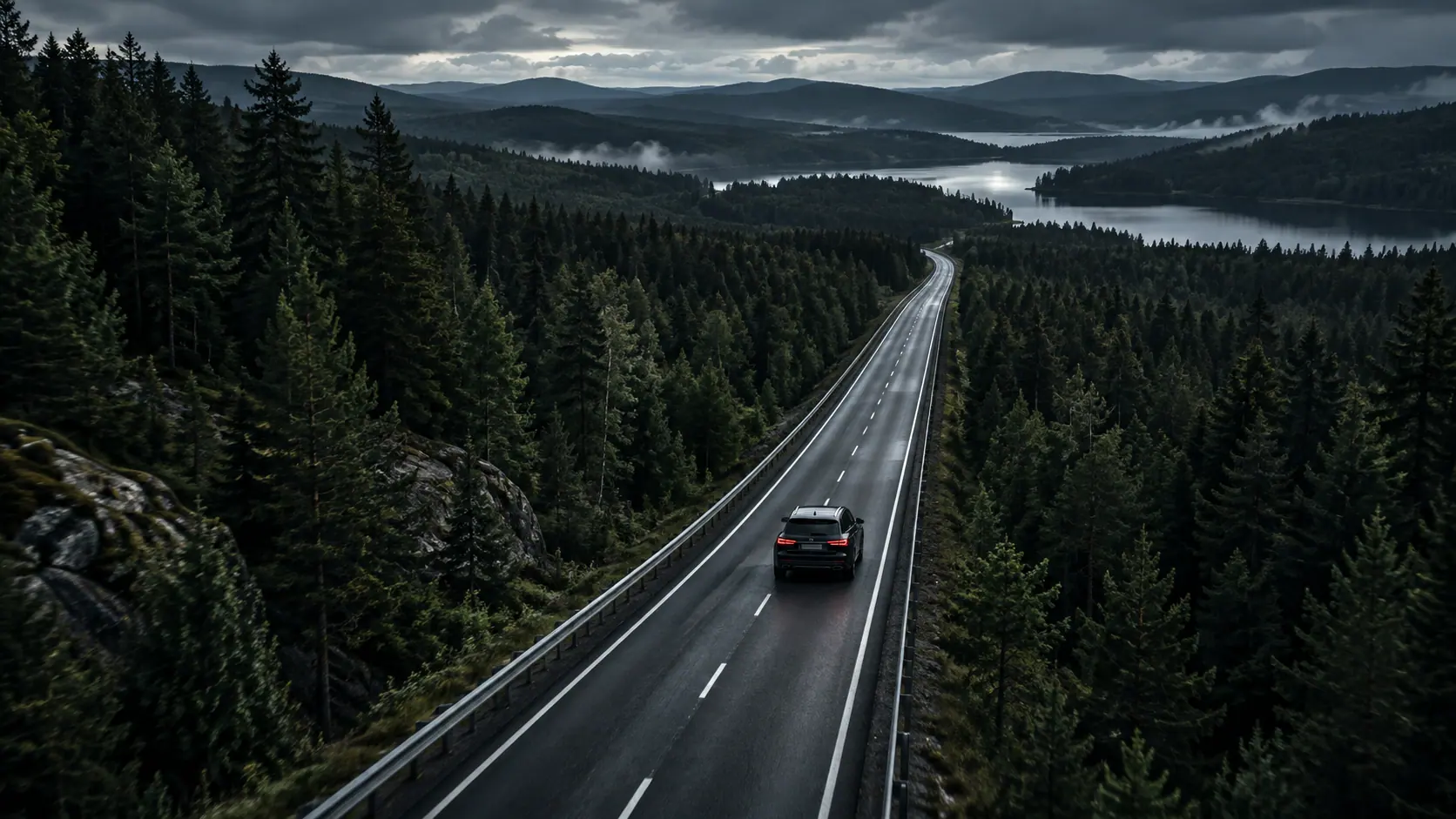 Luftaufnahme: eine Straße zieht sich durch dichten Wald bis zum Horizont