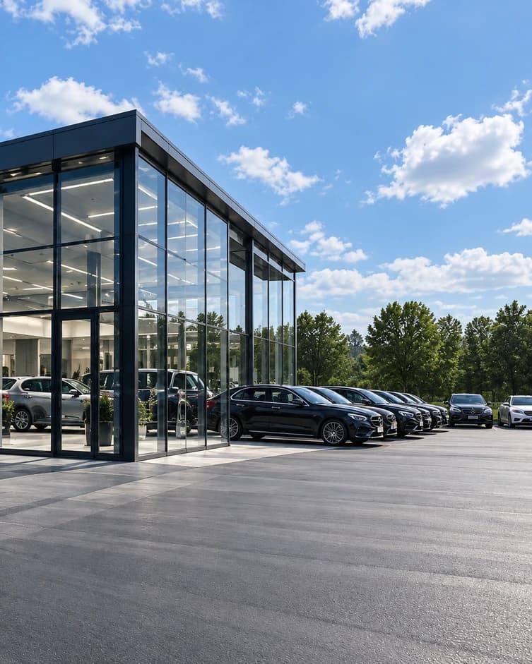 Autohaus mit Glasfassade bei Tageslicht, davor eine Reihe dunkler Limousinen