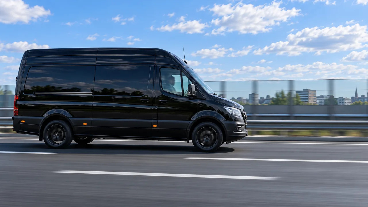 Schwarzer Kastenwagen in Fahrt auf der Autobahn, dahinter eine Lärmschutzwand aus Glas